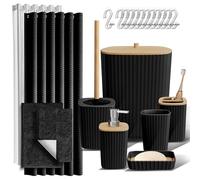 Clara Clark Bathroom Accessories Set - Bathroom Accessory Set with Shower Curtain Set, Toilet Brush, Trash Can & Soap Dispenser & Rugs (Black, Complete Set + Bath Rugs)