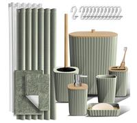 Clara Clark Bathroom Accessories Set - Bathroom Accessory Set with Shower Curtain Set, Toilet Brush, Trash Can & Soap Dispenser & Rugs (Sage Green, Complete Set + Bath Rugs)
