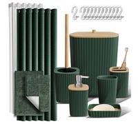 Clara Clark Bathroom Accessories Set - Bathroom Accessory Set with Shower Curtain Set, Toilet Brush, Trash Can & Soap Dispenser & Rugs (Hunter Green, Complete Set + Bath Rugs)