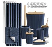 Clara Clark Bathroom Accessories Set - Bathroom Accessory Set with Shower Curtain Set, Toilet Brush, Trash Can & Soap Dispenser & Rugs (Navy Blue, Complete Set + Bath Rugs)