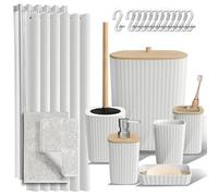 Clara Clark Bathroom Accessories Set - Bathroom Accessory Set with Shower Curtain Set, Toilet Brush, Trash Can & Soap Dispenser & Rugs (White, Complete Set + Bath Rugs)