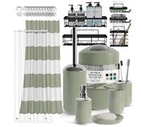 Clara Clark Bathroom Accessories Set - Bathroom Set with Adhesive Corner Shower Caddy Hanging, 25PC Bathroom Accessory Set, Sage Green Shower Curtain Set, Toilet Brush, Trash Can & Soap Dispenser