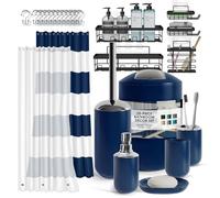 Clara Clark Bathroom Set - Bathroom Set with Adhesive Corner Shower Caddy Hanging, 25PC Bathroom Accessory Set, Navy Shower Curtain Set, Toilet Brush, Trash Can & Soap Dispenser