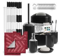 Clara Clark Bathroom Set - Black Shower Curtain Set with Bathroom Trash Can, 23PC Bathroom Set, Bathroom Sets with Shower Curtain and Red Rugs