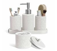 Clara Clark Bathroom Set - White Bathroom Accessories Set, 5PC Bathroom Accessory Set, Bathroom Sets with Soap Dispenser, Toothbrush Holder, Tumbler, Cotton Swab Jar & Vanity Tray