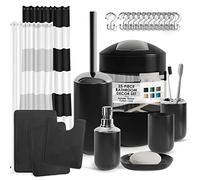 Clara Clark Black Bathroom Accessory Set - 23PC Complete Set with Bath Rugs, Shower Curtain Set, Soap Dispenser, Toilet Brush & Trash Can