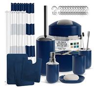 Clara Clark Navy Bathroom Accessories Set Complete with Bathroom Rugs Set and Shower Curtain Set, 12 Piece Bathroom Sets with Rugs and Accessories, Shower Curtain with Liner & Hooks, Bath Mat Set