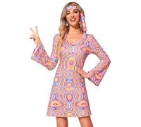 Clarisbelle Halloween Women 70s Go Go Disco Outfit Dancer Groovy Glitter Dress with Headband Pink S