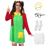 Clarisbelle Women's Halloween 6 Pcs Peter Pan Collar Outfits Cosplay Costume Green Dress with Red Cardigan, Green Set, Small