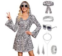 Clarisbelle Women's Halloween 7 Pcs Disco Dress Sequin 70's Dance Costume Outfit with Sunglasses Headband, Black B2, XL