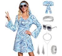 Clarisbelle Women's Halloween 7 Pcs Disco Dress Sequin 70's Dance Costume Outfit with Sunglasses Headband, Light Blue B5, XL