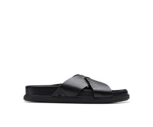 Clarks Men's Torford Cross Black Leather Flat Sandals, Sliders | Size: 7-Standard Fit Clarks Black 7-Standard Fit