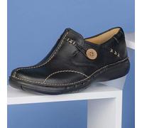 Clarks Un Loop Black leather Womens Comfort Slip On Shoes 1283-74D in a Plain Leather in Size 7.5