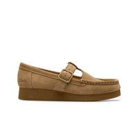 Clarks Women's Wallabee EVO Bar Dark Sand Suede T Bar Shoes, Wallabee in Beige | Size: 5.5/Standard Fit