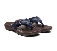 Clarks Womens Breeze Sea Flip-Flop Sandals - Comfortable Flip Flop with Adjustable Hook and Arch Support - Casual Summer Wearing Cloudsteppers for Everyday, Navy/Brown, 4.5 UK