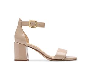 Clarks Women's Ezoria Mae Sand Patent Heeled Sandals in Beige | Size: 4-Standard Fit Clarks Beige 4-Standard Fit
