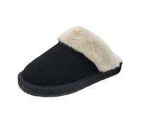 Clarks Womens Open Back Suede Leather Comfort Clog Slipper JMS0583C - Plush Faux Fur Trim - Indoor Outdoor House Slippers For Women, Black (Cream Fur), 6.5 UK