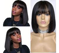Clarolair Brazilian Straight Lace Front Wig Bob Cut with Bangs for Dark Skinned Women None Lace Full Machine Made Can Be Permed and Dyed 12 Inches
