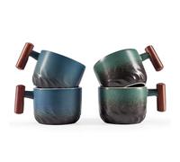 CLASGLAZ 70ml Ceramic Espresso Cups with Wooden Handle, Small Coffee Cups Double Shot Espresso Cups Set of 4,