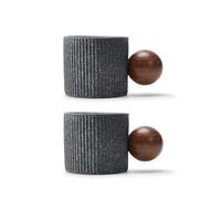 CLASGLAZ Espresso Cups 70ml, Small Ceramic Coffee Cups, Mini Mugs with Round Wooden Handle, Vertical Stripes Tea Cups (Grey, 2pcs)