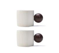 CLASGLAZ Espresso Cups 70ml, Small Ceramic Coffee Cups, Mini Mugs with Round Wooden Handle, Vertical Stripes Tea Cups (White, 2pcs)