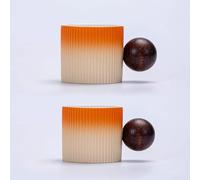 CLASGLAZ Espresso Cups 70ml, Small Ceramic Coffee Cups, Mini Mugs with Round Wooden Handle, Vertical Stripes Tea Cups (Beige Orange, 2pcs)