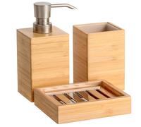 Clasin Home Bamboo Bathroom Accessories Set, 3 Piece Decoration Include Soap Dispenser Soap Dish Bamboo Cup for Indoor Kitchen Bathroom Countertop Farmhouse Decor Housewarming Gift Natural Light Brown