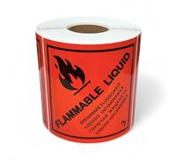 Class 3 Flammable Liquid Hazard Warning Stickers, Roll of 500, Size 100mm x 100mm, Diamond Shape, Self-Adhesive Vinyl Stickers, with Translation