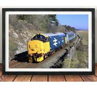 Class 37 Locomotive Framed Print. 37402 Kents Bank, Cumbria Coast. Railwayana, Train, English Electric, Picture, Poster, Direct Rail Services, British Rail (Black Frame, 43 x 33cm)