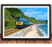 Class 52 Westerns, Framed Print. Diesel Hydraulic Locomotives. D1015 Western Champion. Teignmouth Sea Wall. Dawlish. Railwayana, Train, British Rail, BR Blue, Picture, Poster (Black Frame, 43 x 33cm)