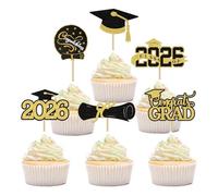 Class of 2025 Cake Topper Set - 24 Pack with 6 Unique Designs for Graduation Parties, Cupcakes and Celebrations - Cap, Congratulations Theme Decoration