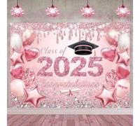Class of 2025 Graduation Backdrop Graduation Party Decorations Pink Rose Gold Glitter Grad Background Congratulations Banner for School Prom Party Cake Table supplies Photo Booth Props (8x6ft)