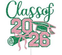 Class of 2026 Cake Topper, 2026 High School/College/University Graduation Party Decorations, You Did It, Congratulations Graduation Decoration Green & Pink Glitter