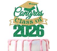 Class of 2026 Cake Topper, Congrats Graduation Cake Decor, 2026 Graduation Party Decorations, Juniro High School College Congratulations Grad Decorations Green & Gold Glitter