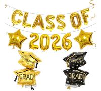 Class of 2026 Gold Letters & Stars Balloons Set, Graduation Decorations with Hanging Foil Balloons for Primary School, High School, College Grad Celebrations