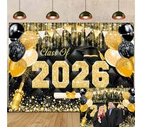 Class of 2026 Graduation Backdrop 7x5ft Black Gold Congrats Grad Graduation Photo Backdrop for Outdoor Indoor Prom Party Decorations Background