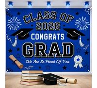 Class of 2026 Graduation Backdrop, 8x6FT Large Congrats Grad Banner with Hemmed Edges & 4 Grommets, Navy Blue & Black Graduation Decorations 2026 for High School College University Photo Booth Props