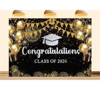 Class of 2026 Graduation Backdrop, Black and Silver Congratulations Party Background, Grad Prom Celebration Balloons and Streamers Decorations Banner Photo Booth Props 7X5ft Fabric