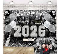 Class of 2026 Graduation Backdrop Black Sliver Glitter Graduation Congrats Photo Backdrop Congrats Grad Prom Party Decorations Background 7X5FT(82 x 59 inch))