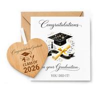 Class of 2026 Graduation Cards Female, Set with Wooden Heart Plaque, Graduation Card, Envelope and White Satin Ribbon for University College School Graduates Female Male