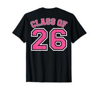 Class of 26 Grad 2026 Arched Varsity Pink and White Back T-Shirt