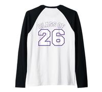 Class of 26 Grad 2026 Arched Varsity White with Purple Back Raglan Baseball Tee