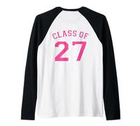 Class of 27 Grad 2027 Arched Varsity Pink and White Back Raglan Baseball Tee