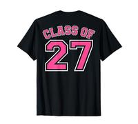 Class of 27 Grad 2027 Arched Varsity Pink and White Back T-Shirt
