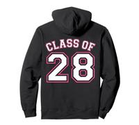 Class of 28 Grad 2028 Arched Varsity White with Pink Back Pullover Hoodie