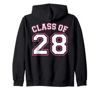 Class of 28 Grad 2028 Arched Varsity White with Pink Back Zip Hoodie