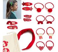 Classette Premium Girls School Hair Accessories Set - 15 Pieces in Red, Navy or Green - Clips, Bobble Hair Ties & Headband in Reusable Pouch - Uniform Matching - Plastic-Free Packaging (RED SET)