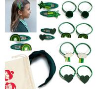 Classette Premium Girls School Hair Accessories Set - 15 Pieces in Red, Navy or Green - Clips, Bobble Hair Ties & Headband in Reusable Pouch - Uniform Matching - Plastic-Free Packaging (GREEN SET)