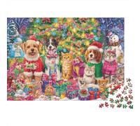 Classic 1000 Piece Dog And Cat Jigsaw Puzzle, Eco-Friendly Paper, A Festive Christmas Scene with Dogs And Cats Stress Relief Home Activity Gift, 38x26cm/1000pcs