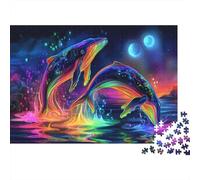 Classic 1000 Pieces Whale Jigsaw Puzzle, Thick Cardboard, A Neon Dream of Whales Dancing Above The Ocean Stress Relief Indoor Leisure Gift, 38x26cm/1000pcs